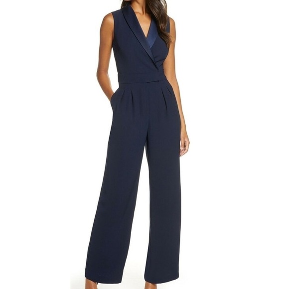 Eliza J Pants - Eliza J Midnight Blue Shawl Collar jumpsuit